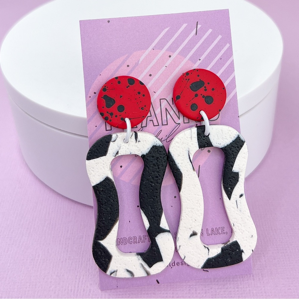 Black White Abstract Pattern Red Black Splatter Polymer Clay Earrings Ha…